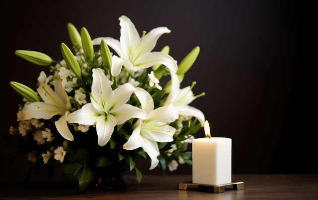 A photo of white flowers and candle representing free obituary submission to the online obituaries.