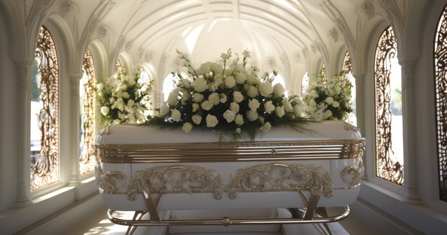 Funeral planning articles depicted by a casket in a funeral home.