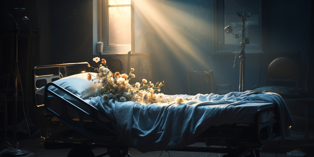 an ai photo depicting a hospice bed and flowers.