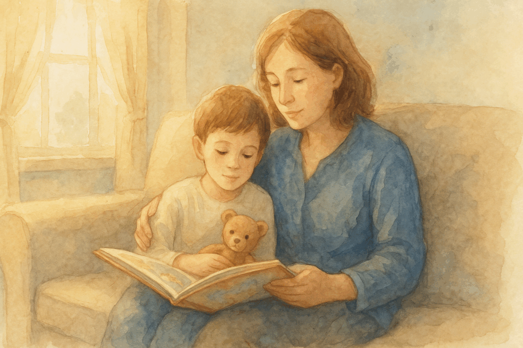 Caring adult reading with grieving child on couch, providing emotional support and comfort