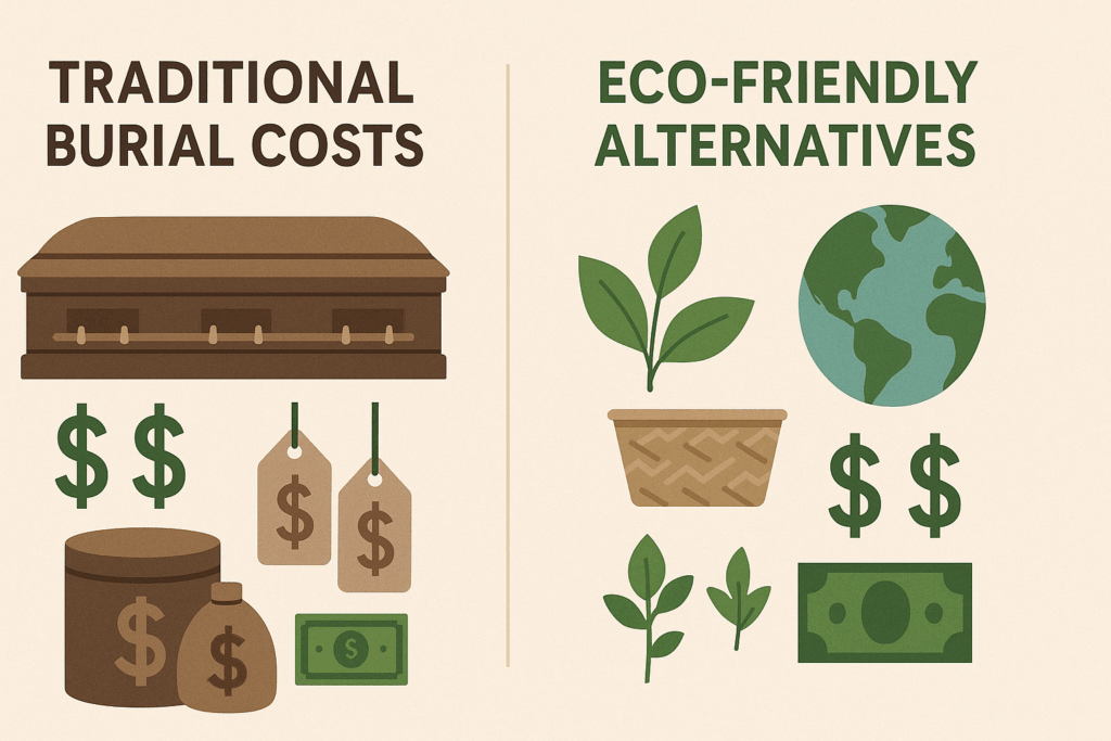 Infographic comparing traditional embalming and burial costs versus eco-friendly green burial alternatives showing potential savings