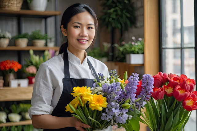 Funeral event and services directory with a florist holding flowers