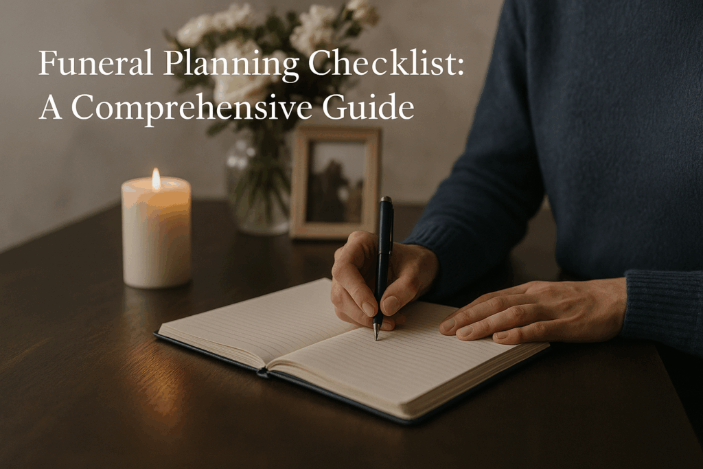 Organized funeral planning materials with flowers and candle, text overlay "Funeral Planning Checklist: A Comprehensive Guide"