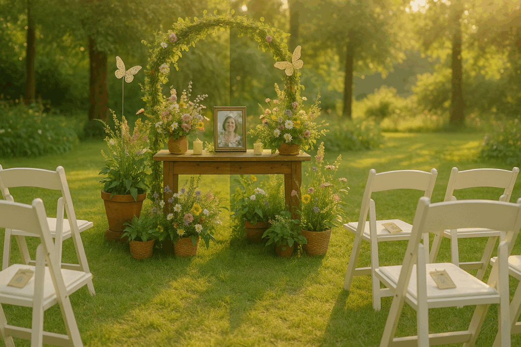 Outdoor garden memorial service with natural flower decorations, potted plants, and white chairs celebrating nature lover's life
