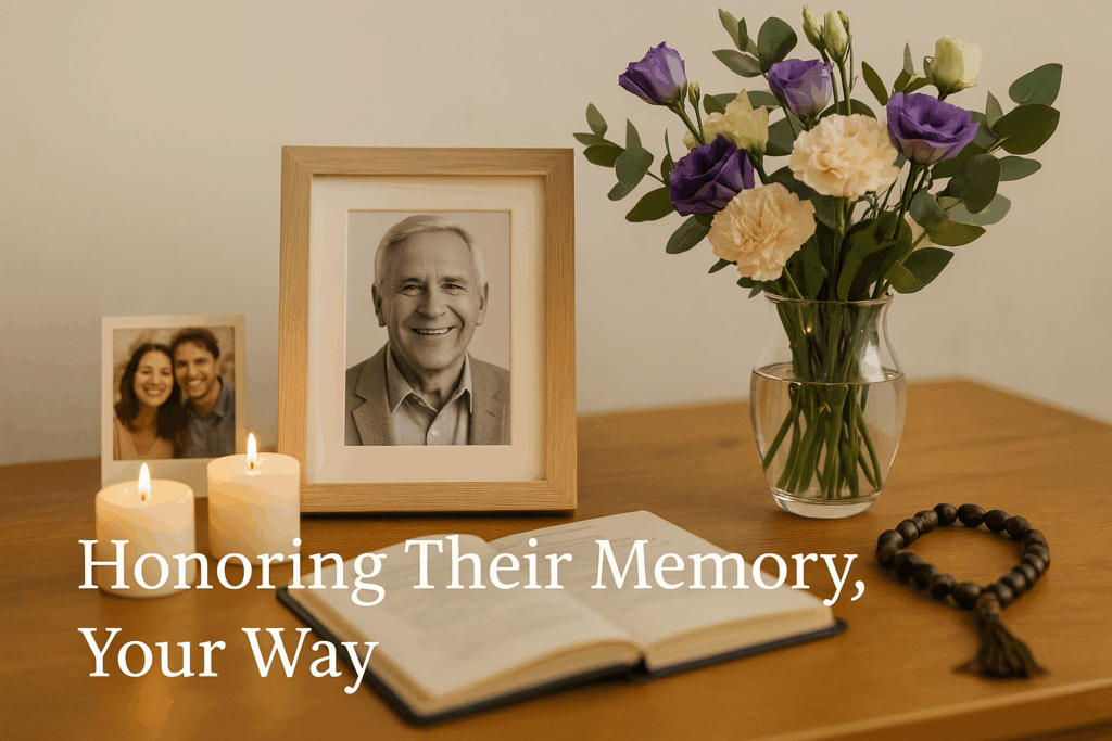 honoring-memory-personalized-funeral-service
Alt text: Personalized memorial display with photos and meaningful objects, text "Honoring Their Memory, Your Way"