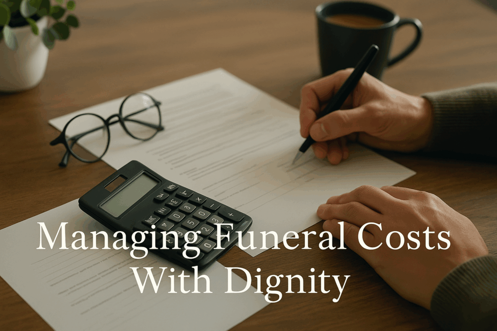 Financial planning documents and calculator for funeral budgeting, text overlay "Managing Funeral Costs With Dignity"