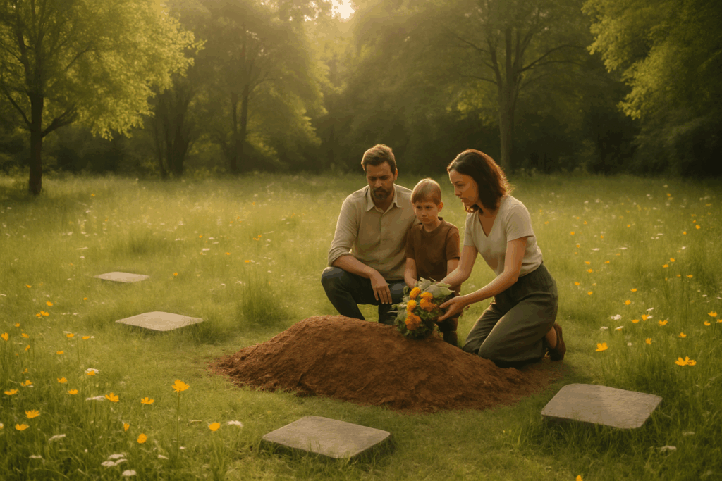 Peaceful green burial ground with native wildflowers and trees where families choose natural burial without embalming or vaults