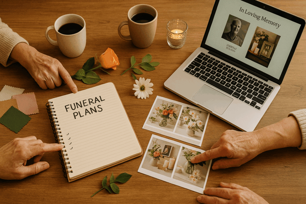 Family members planning themed funeral together with decoration samples, inspiration photos, and planning materials on table