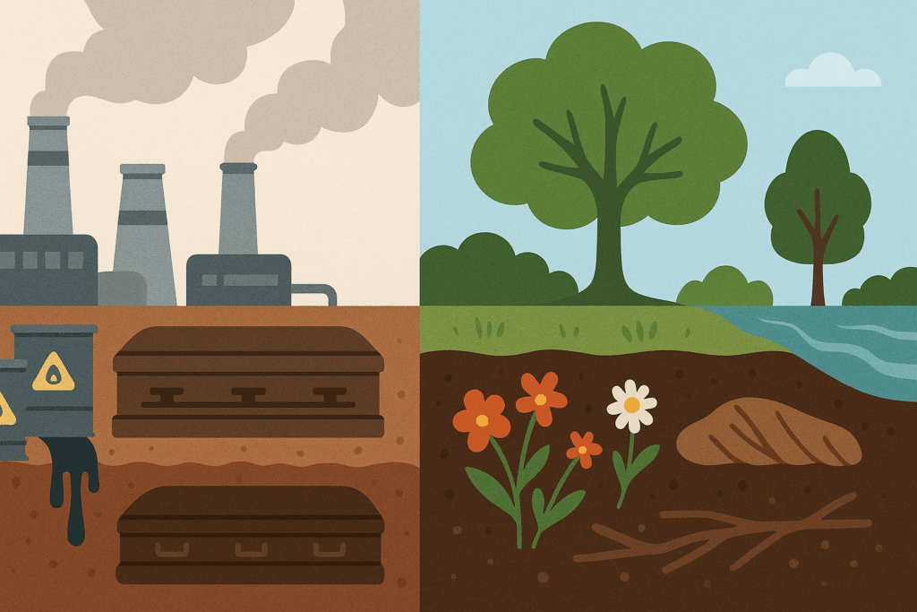 Visual comparison showing environmental impact of traditional embalming and burial versus eco-friendly green burial practices on soil and groundwater