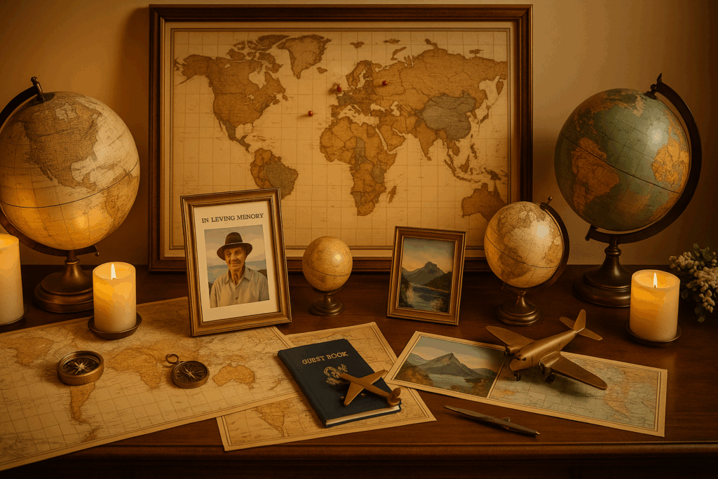 Travel-themed funeral memorial table with vintage globes, maps, passport guest book, and travel photos celebrating adventurous life