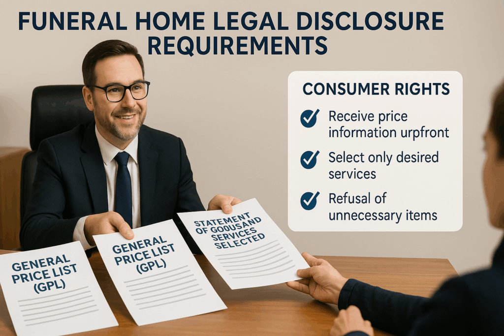 Funeral director providing legally required price lists and disclosure documents to family showing transparent business practices