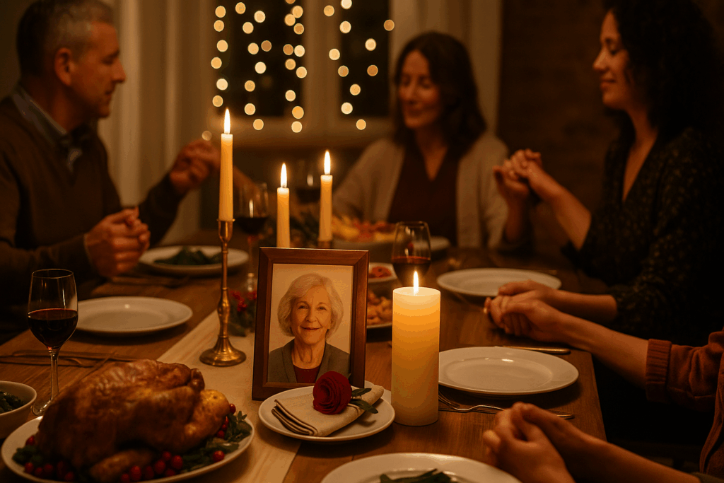 Holiday dinner table with memorial place setting including photo and candle remembering deceased loved one during family gathering