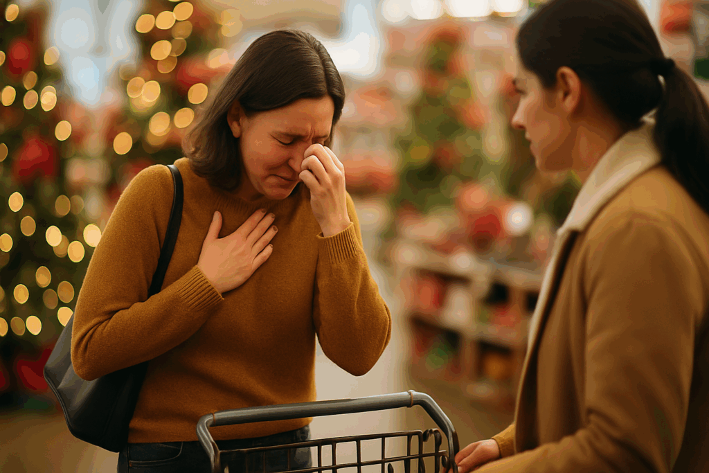 Hands placing memorial ornaments with photos and names of deceased loved ones on Christmas tree as meaningful holiday remembrance ritual