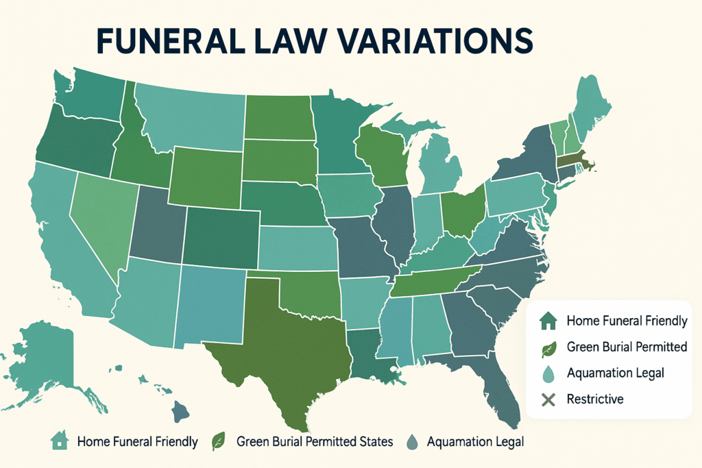 United States map showing state-by-state variations in funeral and burial laws including home funeral, green burial, and cremation regulations