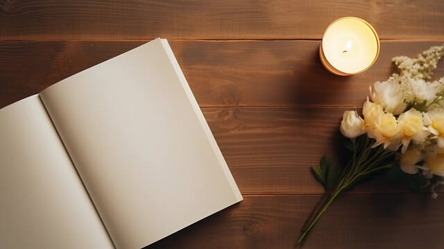 book on a table with candle and memorial flowers