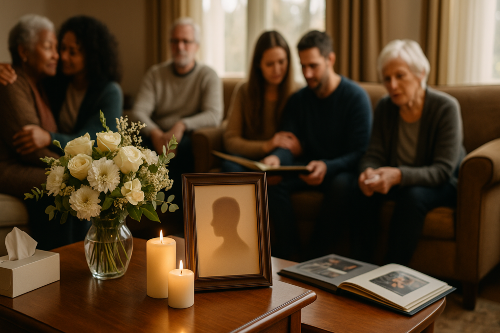 Warm home memorial service showing family and friends gathered around memorial table with photos and flowers, demonstrating affordable meaningful tribute