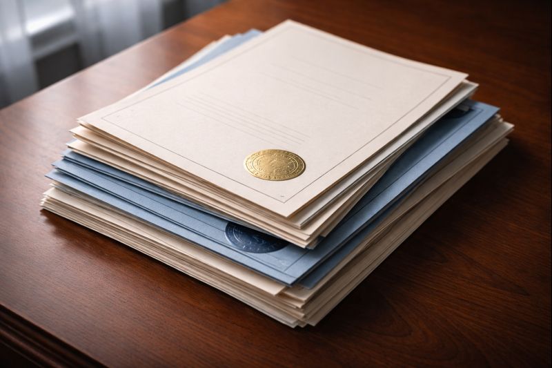 Stack of certified death certificates with raised seals needed for estate settlement