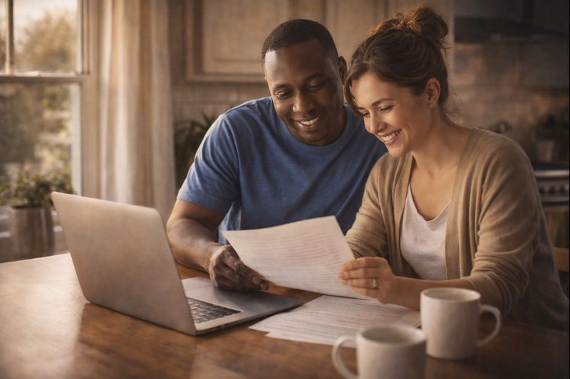 Couple reviewing estate planning documents together at home representing proactive legal protection
