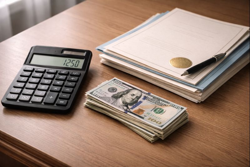 Calculator and money representing death certificate costs and estate settlement budgeting