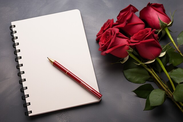 Pen, paper and flowers for writing to a loved one, perhaps a unique obituary or memorial jounaling.