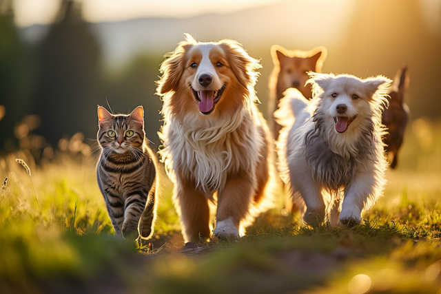 Photo of dogs and cats running in a grassy field to depict pet loss and pet grief.