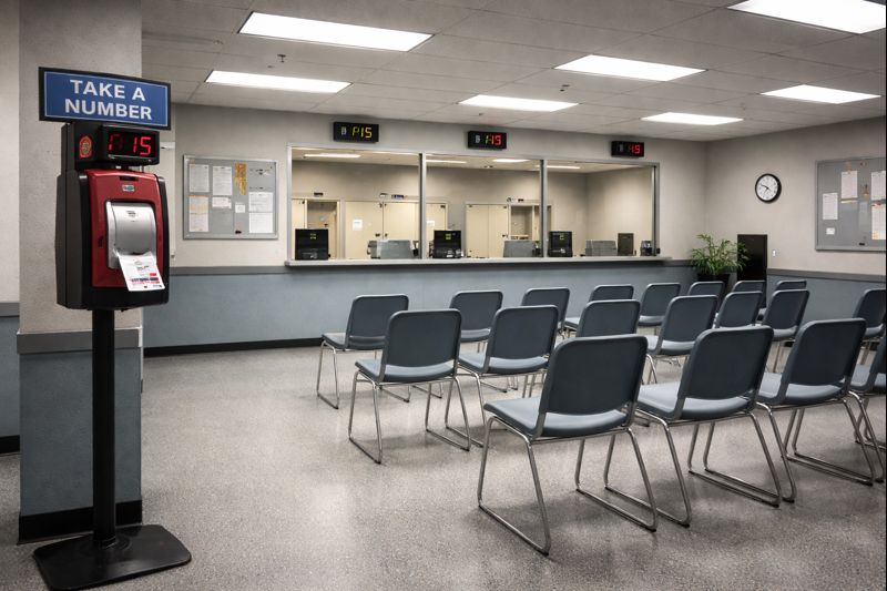 Government vital records office waiting area where families request death certificates