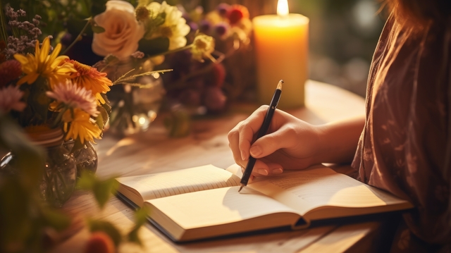 a woman who is writing an obituary or some sort of memorialization for a lost loved one.