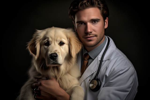 Pet dog and veterinarian in a black background, symbolizing the need for pet insurance or possible euthanasia.