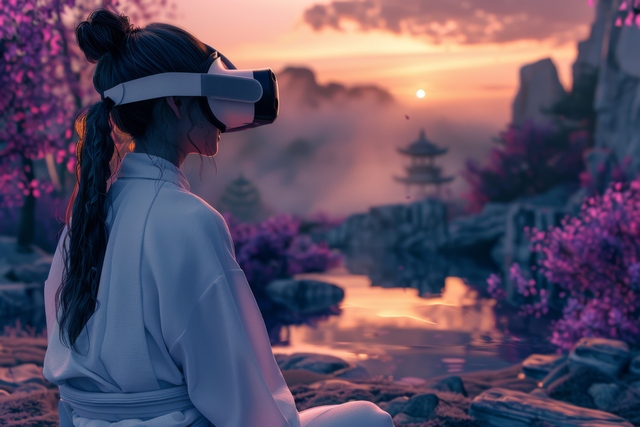 A women experience a virtual reality memorial, also known as a VR memorial.