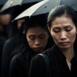 lady in black going through the grieving process at a funeral.