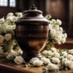 cremation myths and facts depicted by an urn with white flowers behind it.