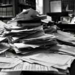 black and white photo of legal documents, perhaps wills, trusts and estate planning documentation.