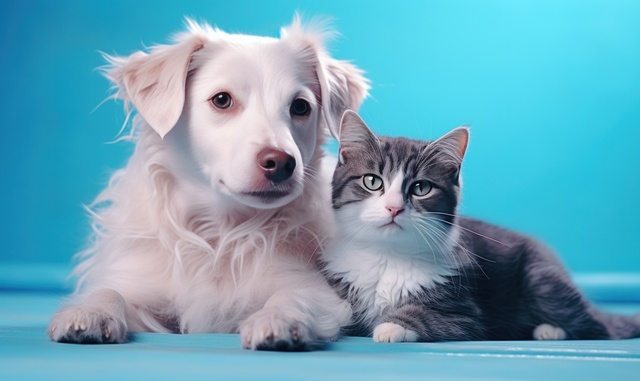 Blue picture of white dog and cat representing losing a pet and the process of pet euthanasia, pet cremation and insurance.