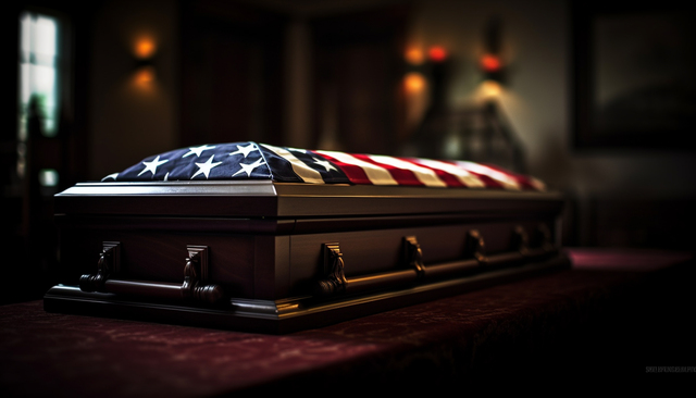 A photo of a military casket for a military funeral service.  The casket is wood.