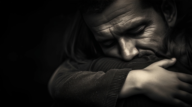 A man embracing another experiencing miscarriage grief