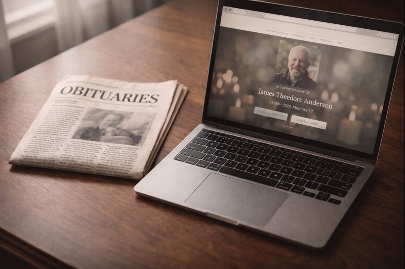 Newspaper and laptop showing memorial website representing obituary publishing options
