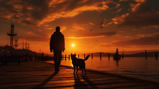 photo with a man and his dog during sunset.