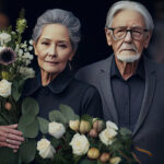 Pre-planning your funeral importance shown by elderly couple holding flowers.