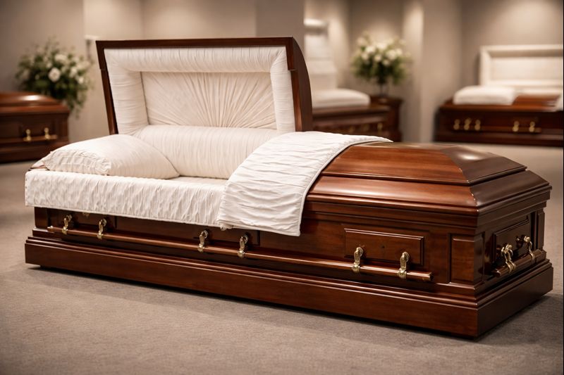Wooden casket representing affordable casket options families can purchase independently under FTC Funeral Rule