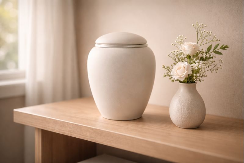 Simple urn with flowers representing direct cremation as an alternative to traditional funeral homes