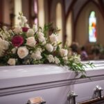 White wood casket describing types of caskets and materials.
