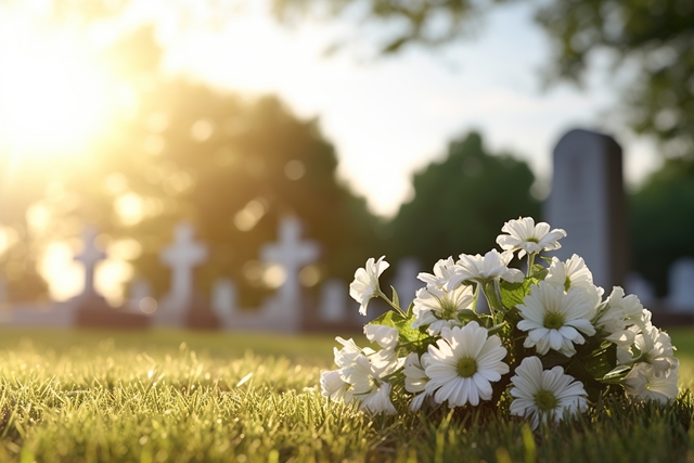 Photo of flowers at a cemetery referring to the different types of funeral insurance and whole life insurance.