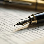 A photo of a pen and paper as someone is writing an obituary.