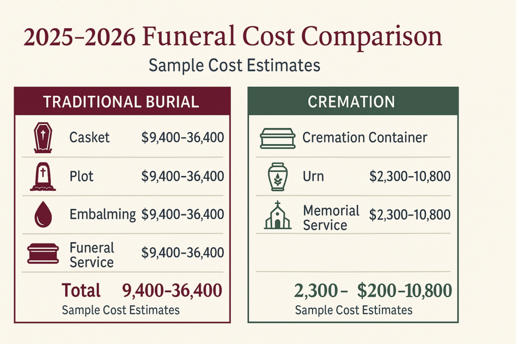 Infographic comparing 2025-2026 funeral costs showing traditional burial expenses of $9,400-$26,400 versus cremation costs of $2,300-$10,800