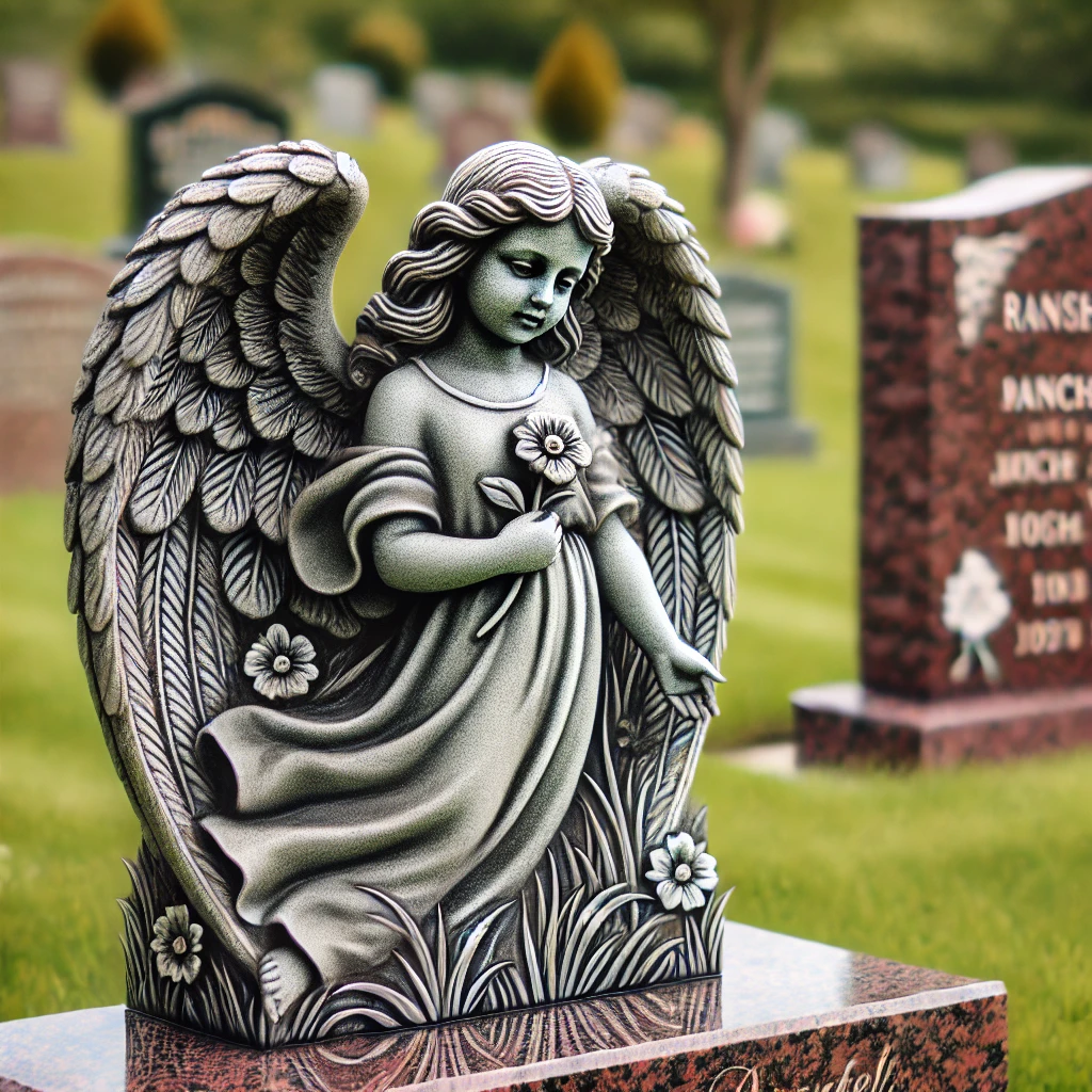 cemetery memorial symbols. A close-up image of a cemetery headstone featuring a beautifully carved angel sculpture, symbolizing protection and spiritual guidance.