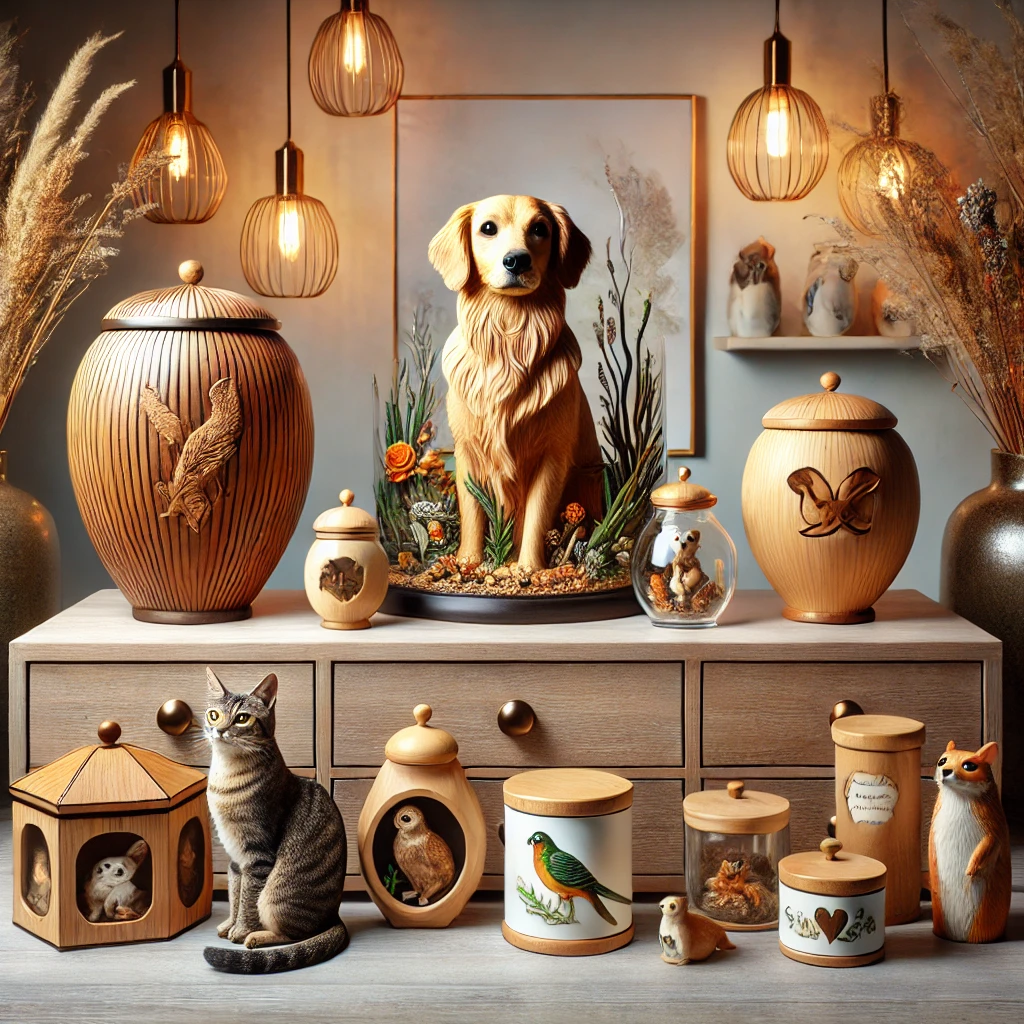 A collection of pet cremation urns and memorial products for dogs, cats, birds, rabbits, lizards, and other small animals, featuring elegant wooden urns, eco-friendly options, and personalized keepsakes.