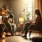 Comprehensive Grief Support Services - A peaceful setting of an in-person grief counseling session. A therapist is sitting with a grieving individual in a cozy room, with soft lighting and