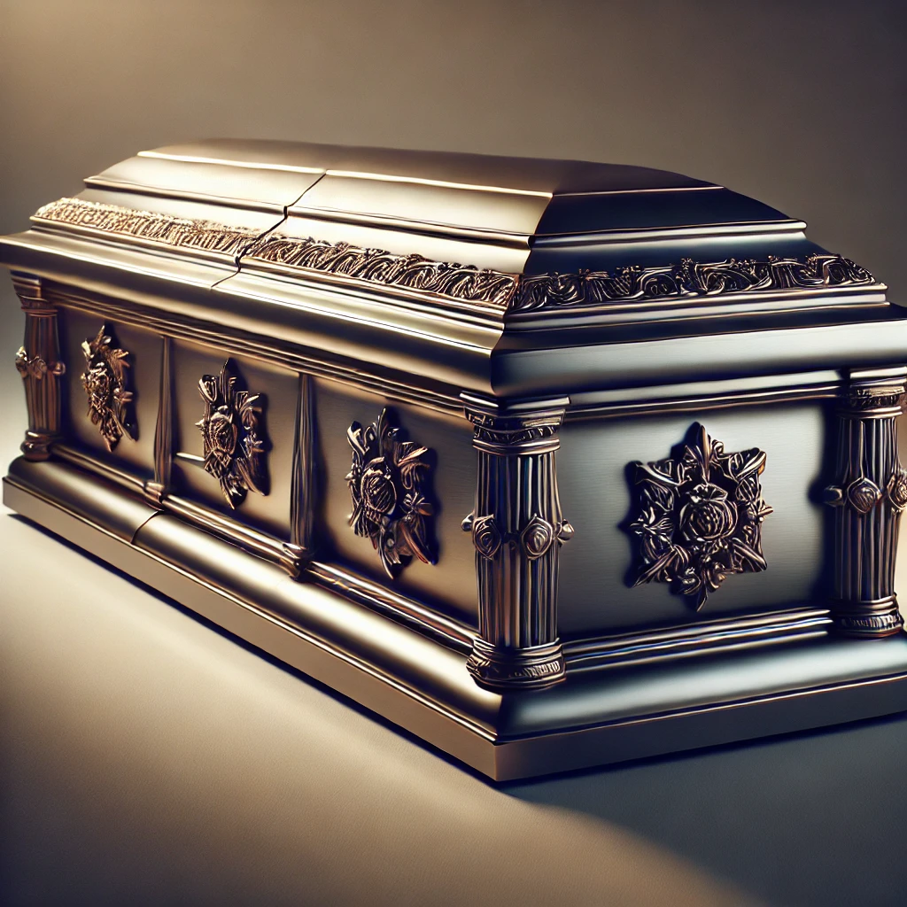 Sleek and durable metal casket with polished finish, traditional design, and sturdy steel or bronze build, offering long-lasting protection and timeless elegance.