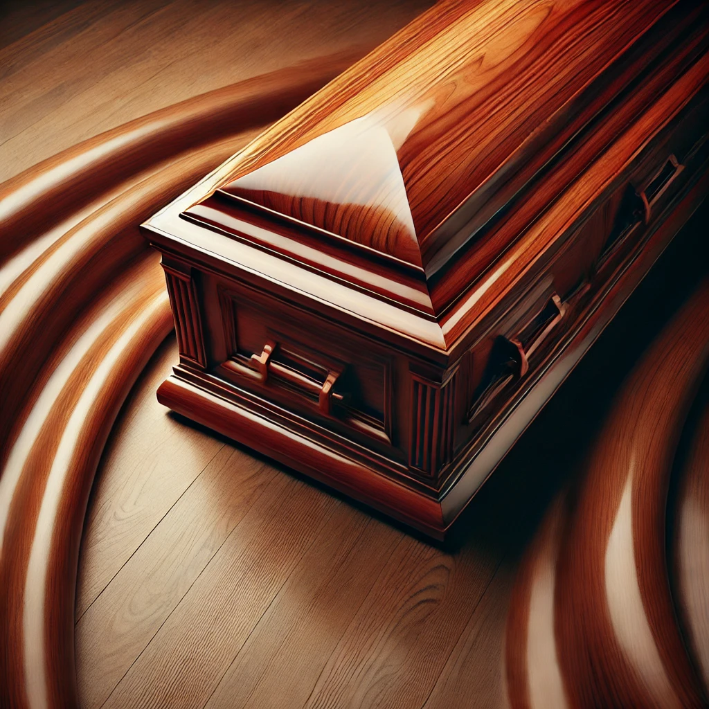 Elegant wood casket with polished, rich wooden finish, featuring natural wood grains and traditional craftsmanship, made from high-quality mahogany or oak.