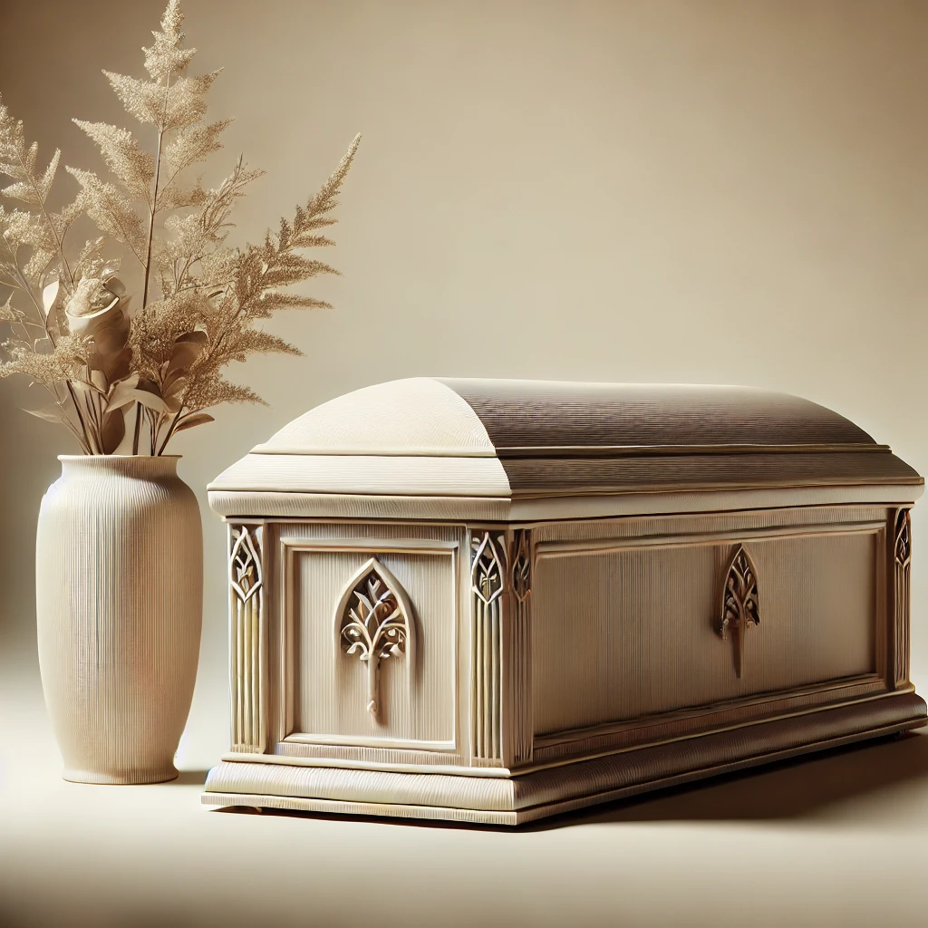 Elegant cremation casket made from eco-friendly materials, such as wood or fiberboard, with a dignified design, suitable for cremation services.